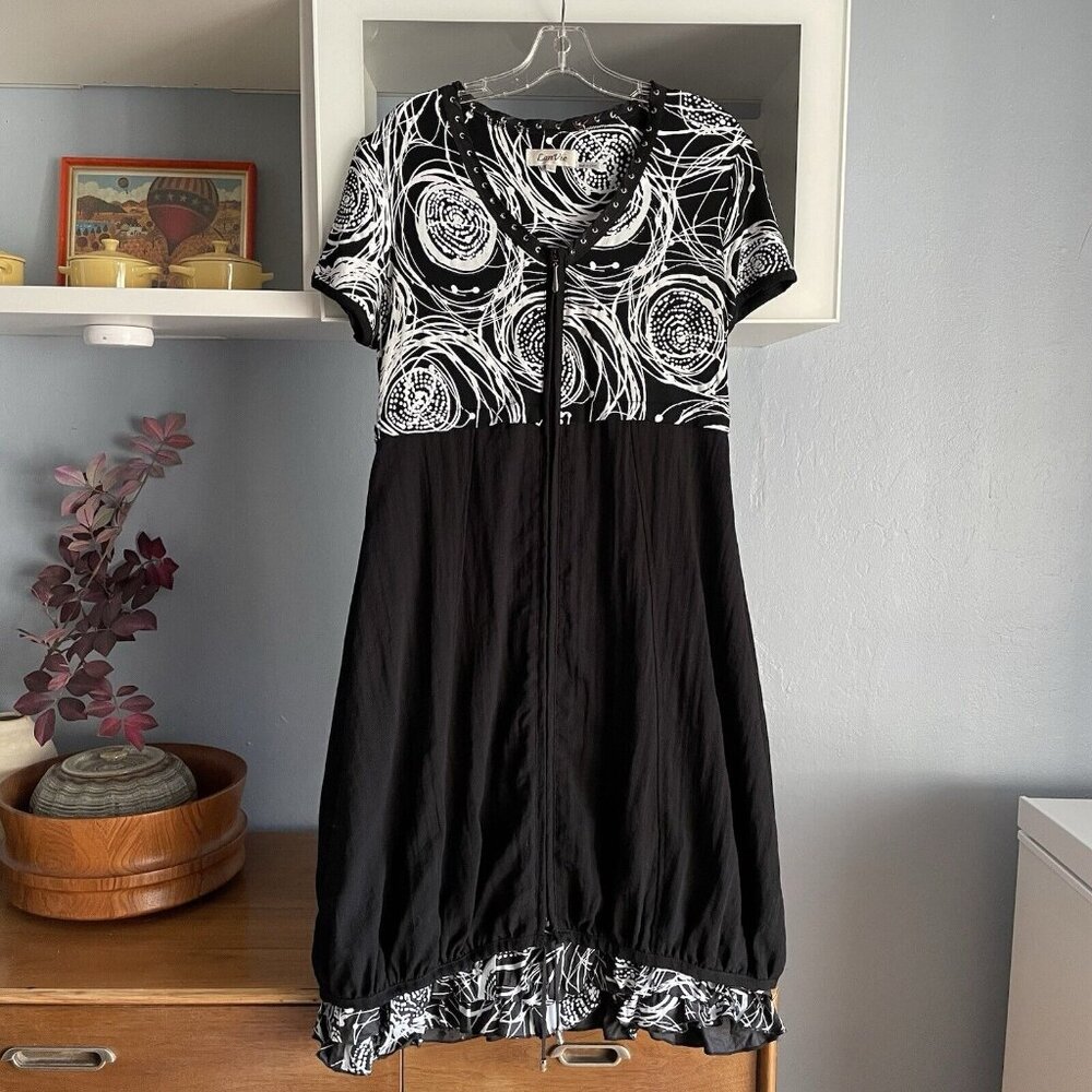Lan Vie Parachute Tunic Dress Artsy Art To Wear Lagenlook Unique Black White L
